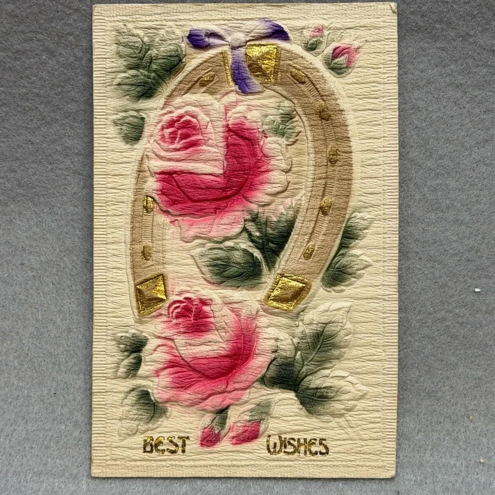 Best Wishes Embossed Lucky Horseshoe Pink Roses Gold Highlights‎ 1911 POSTCARD